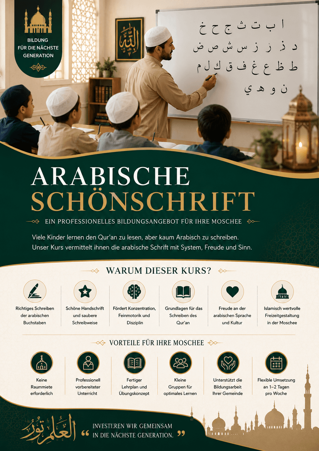 Arabischlehrer unterrichtet Kinder an einer Tafel
